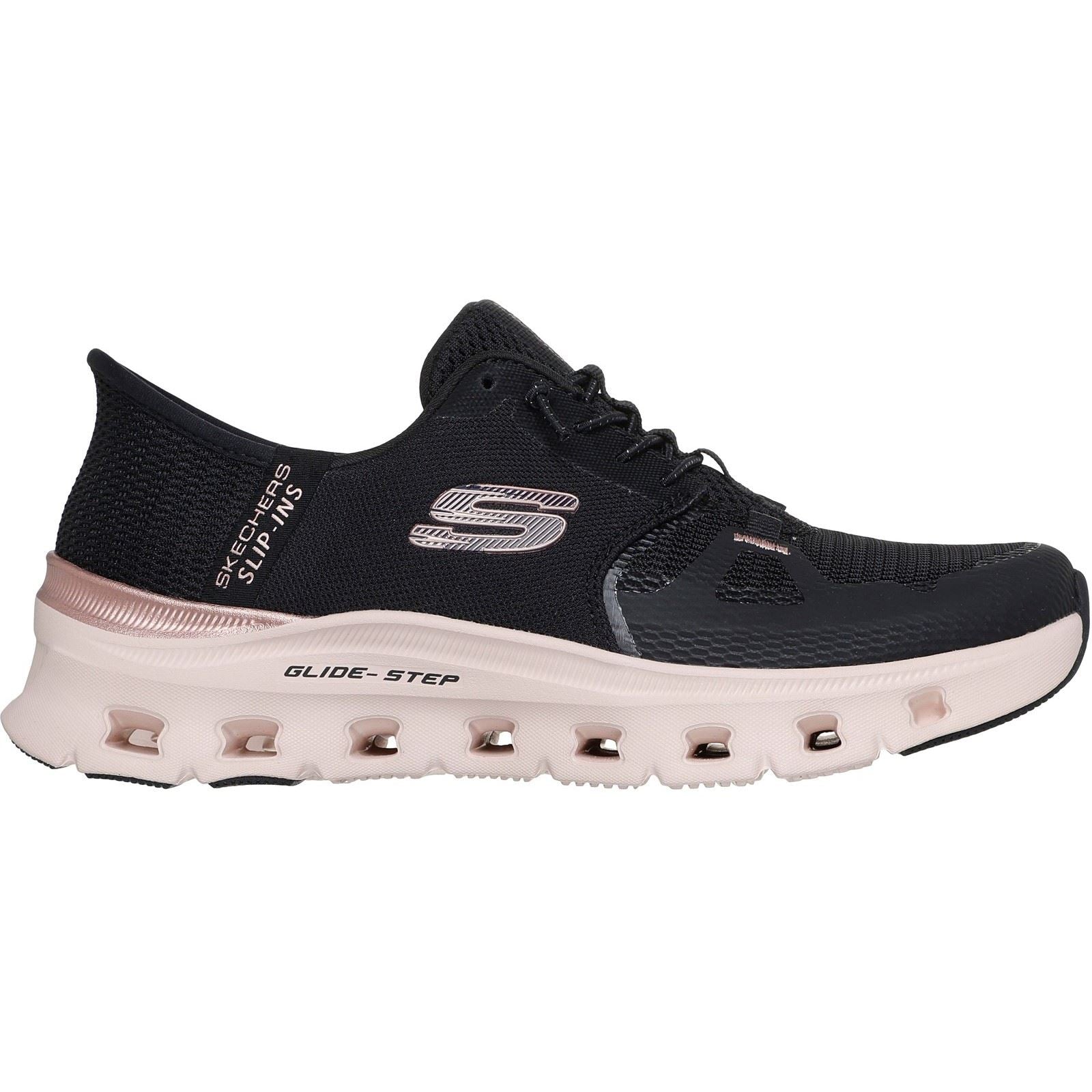 Skechers Glide-Step Pro Radiant Stride Womens Black Mesh/Rose Gold Trim Trainers