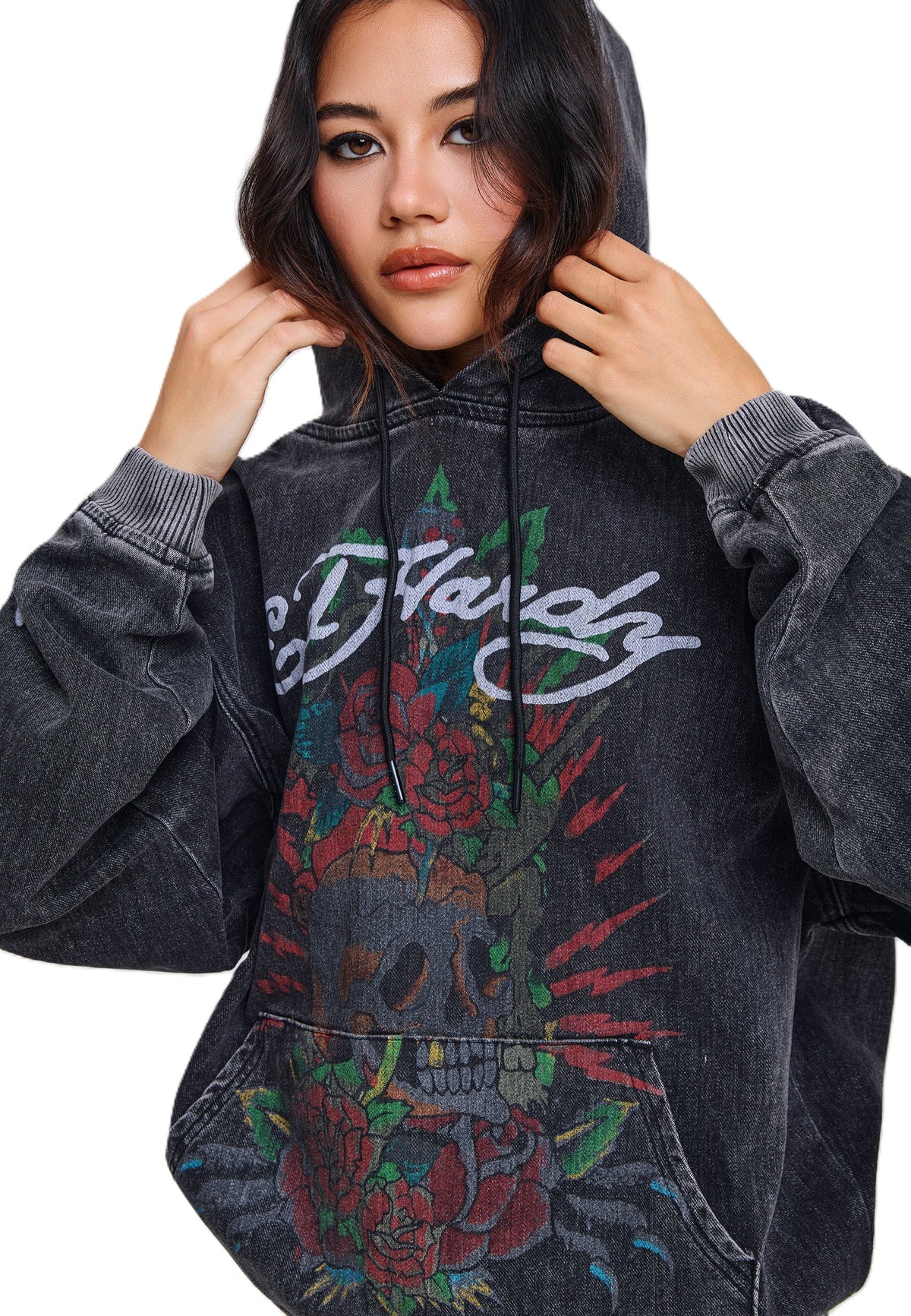 Ed Hardy Skull Roses Oversized Women's Black Hoodie