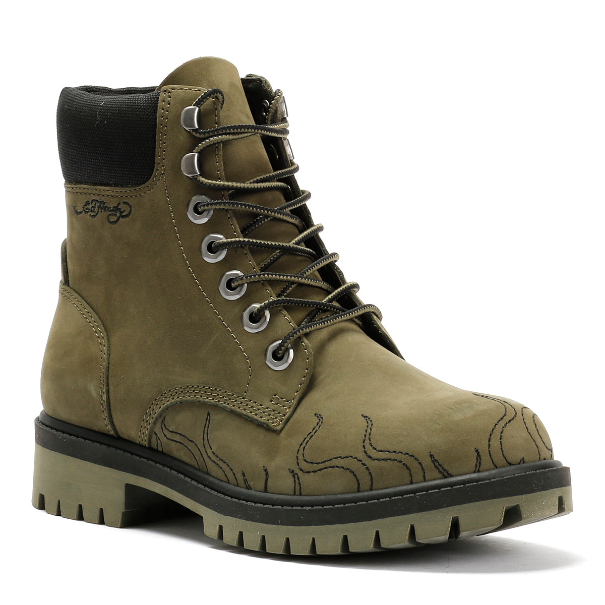 Ed Hardy Embroidered Flames Nubuck Women's Khaki Boots