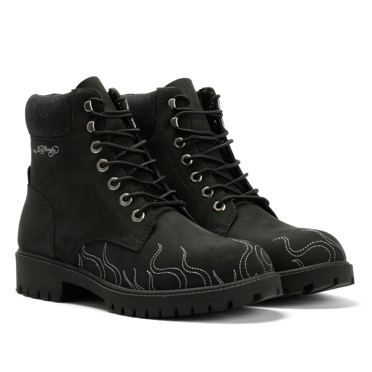 Ed Hardy Embroidered Flames Nubuck Men's Black Boots