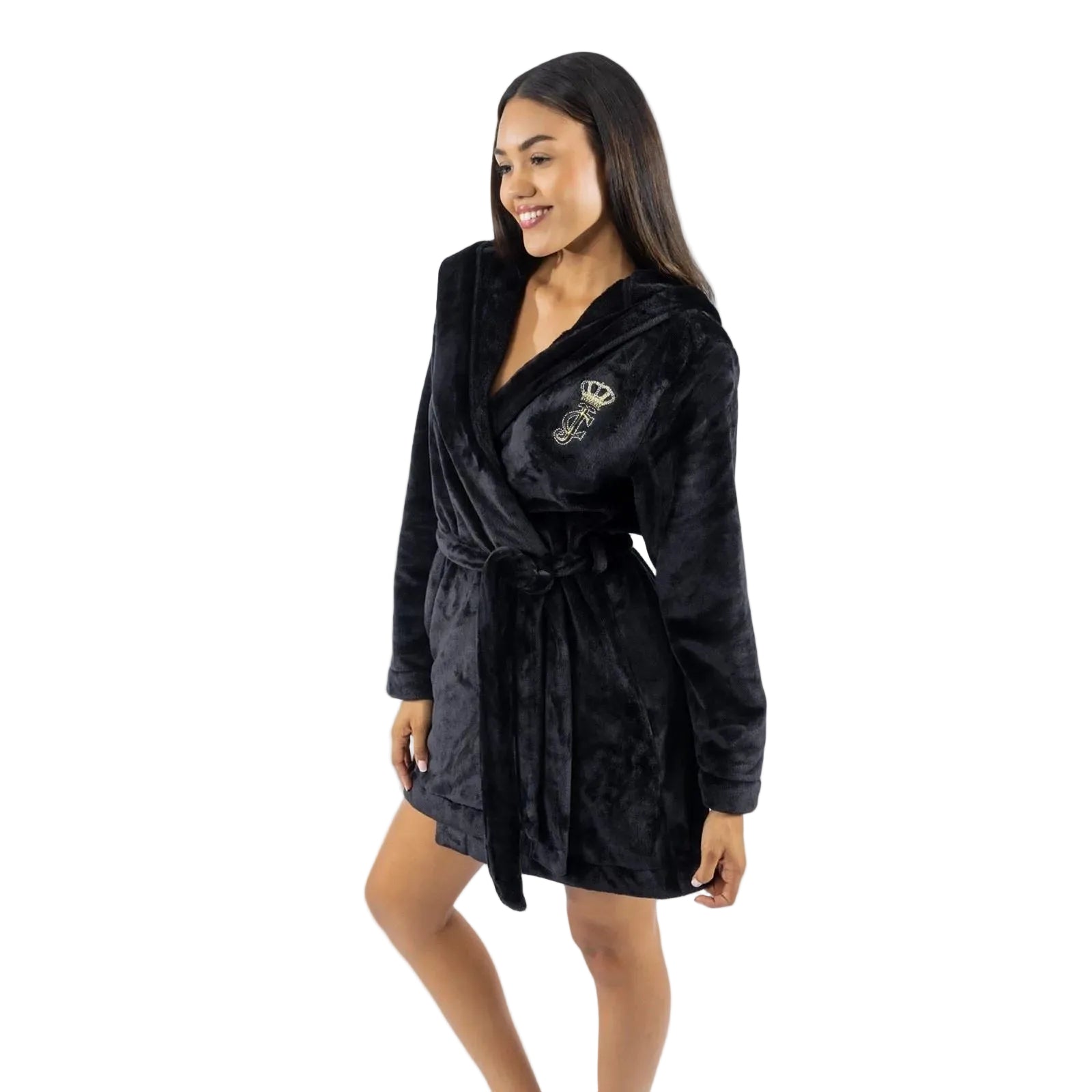 Juicy Couture Crown Plush Hooded Synthetic Women's Black Loungewear Robe