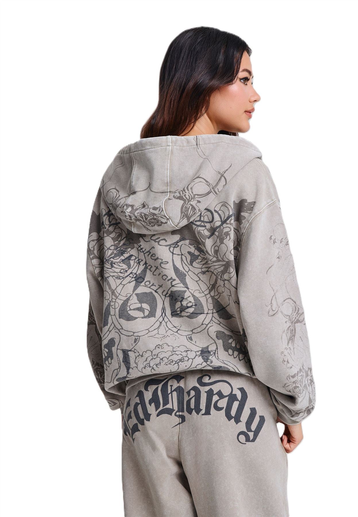 Ed Hardy Diamante Venom Stone Wash Relaxed Zip Thru Women's Grey Hoodie