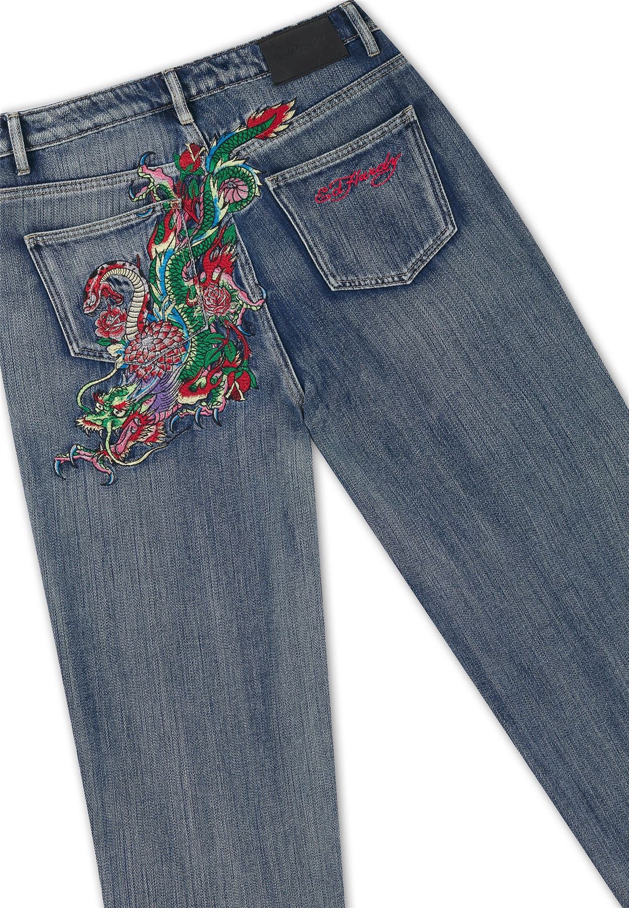 Ed Hardy Crawling Dragon Washed Women's Mid Blue Jeans