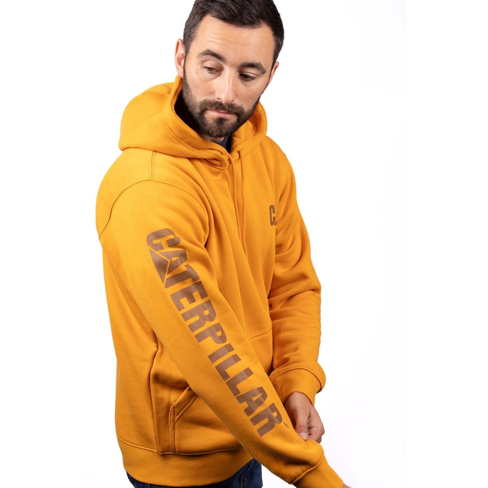 Caterpillar Trademark Banner Cotton Men's Yellow Hooded Sweatshirt
