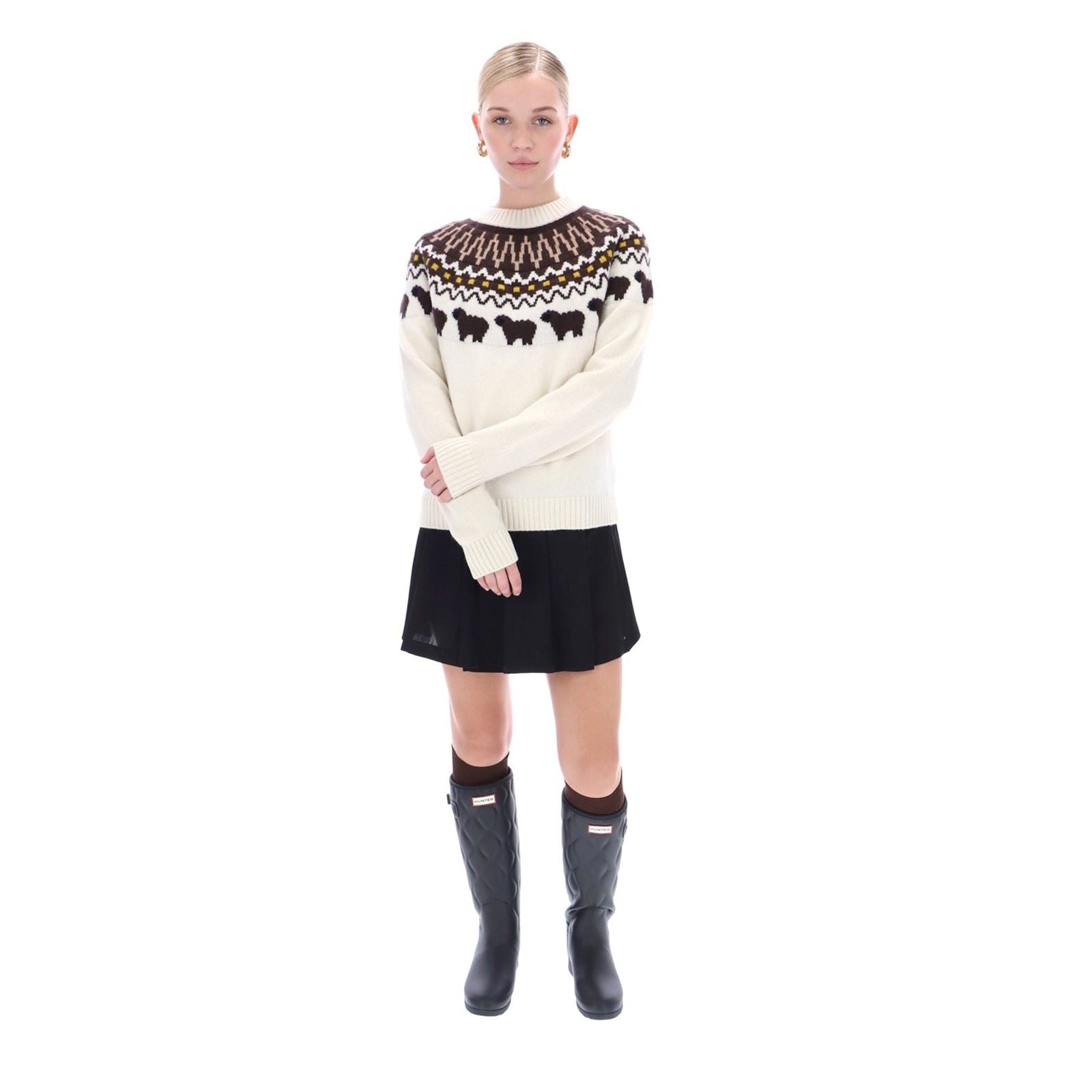 Hunter Ashie Crew Fair Isle Knit Polyester Women's White Crew Neck Jumpers