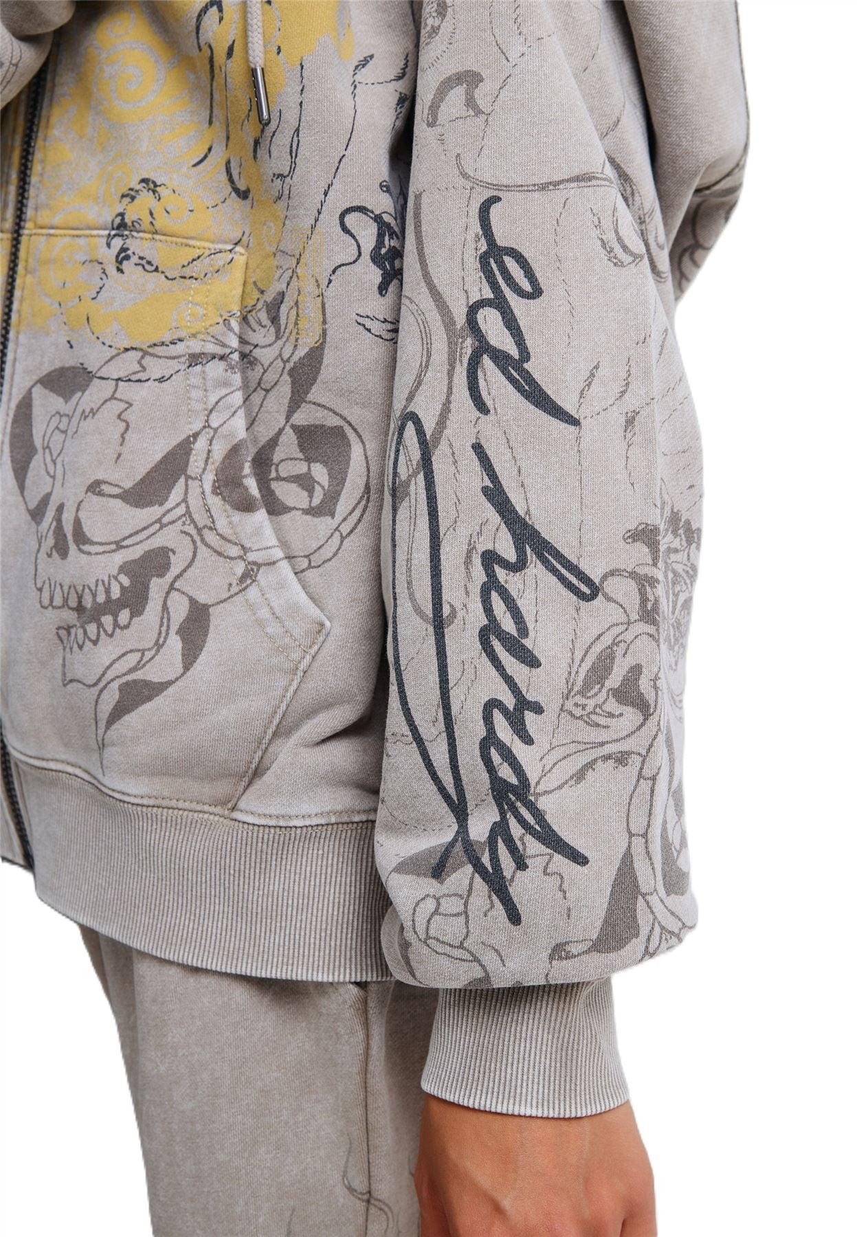 Ed Hardy Diamante Venom Stone Wash Relaxed Zip Thru Women's Grey Hoodie