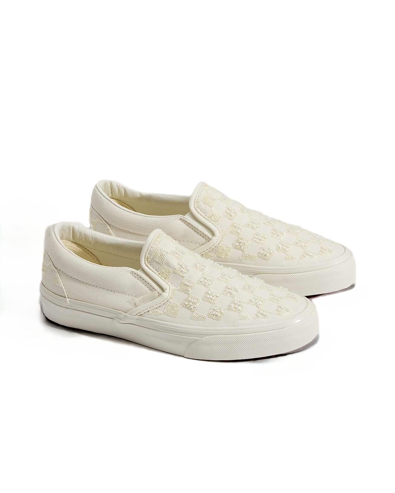 Vans Classic Slip-On  Women's Canvas White Beaded Checkerboard Trainers