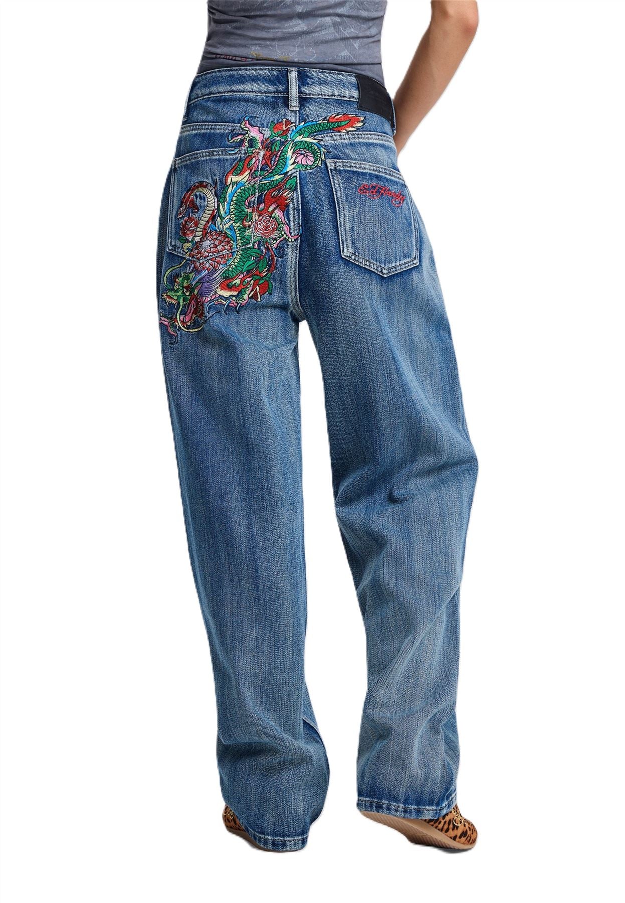 Ed Hardy Crawling Dragon Washed Women's Mid Blue Jeans