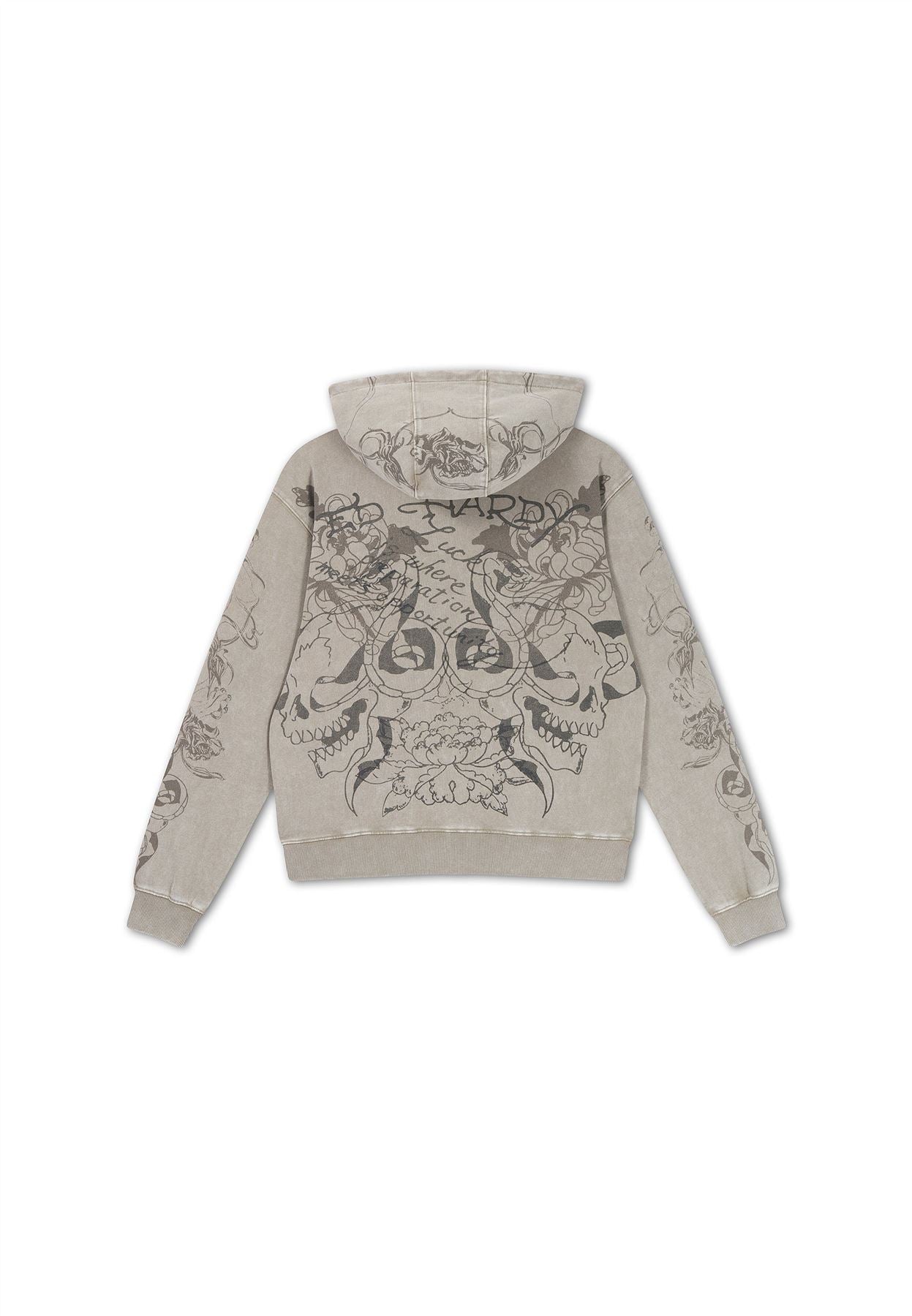 Ed Hardy Diamante Venom Stone Wash Relaxed Zip Thru Women's Grey Hoodie