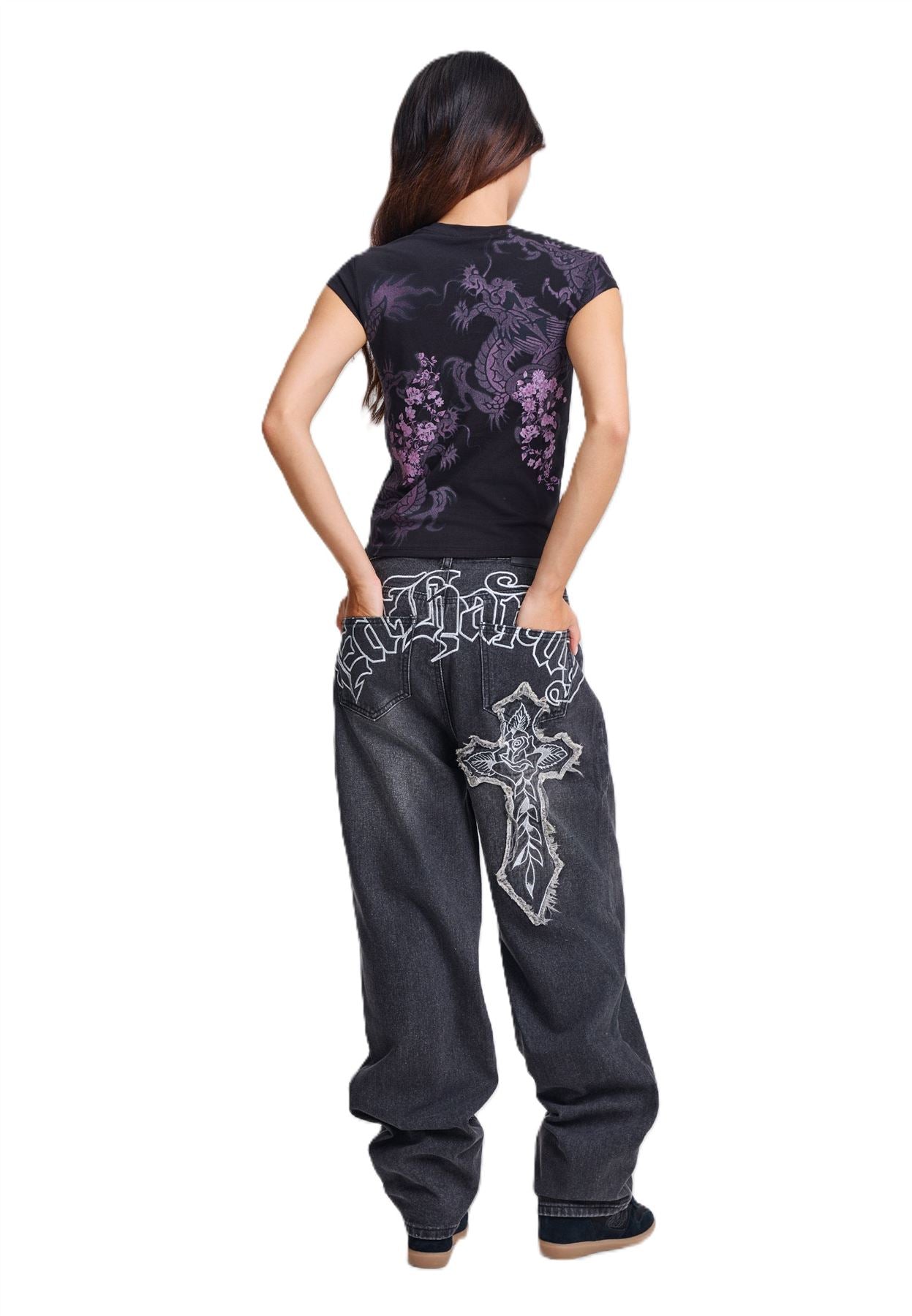 Ed Hardy Tattoo City Cap Sleeve Top Women's Black T-Shirts
