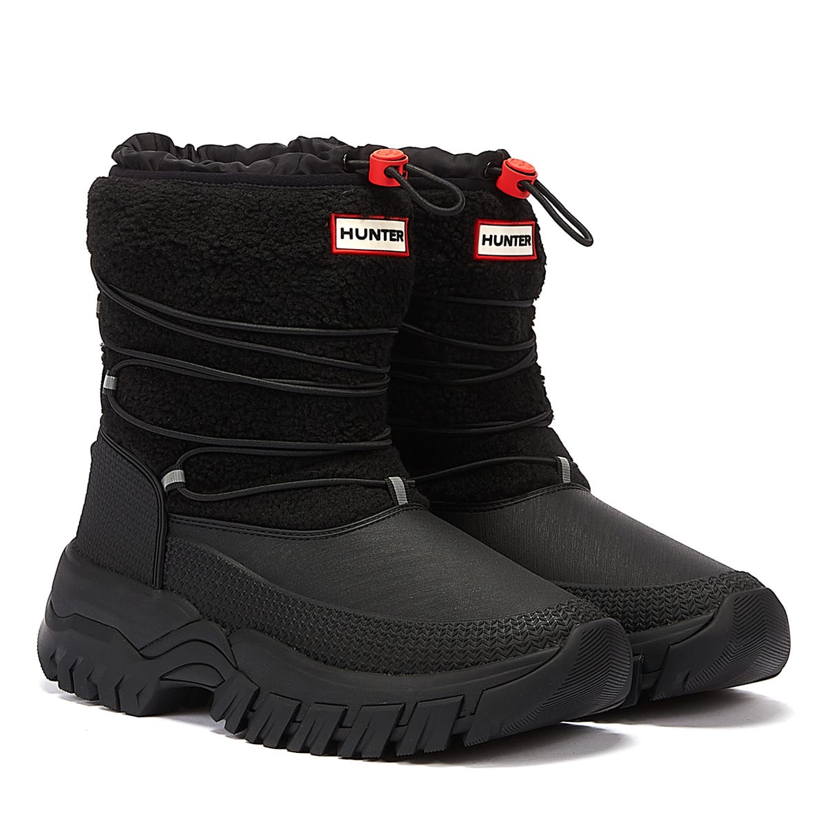 Hunter Wanderer Short Sherpa Snow Womens Black Leather Boots